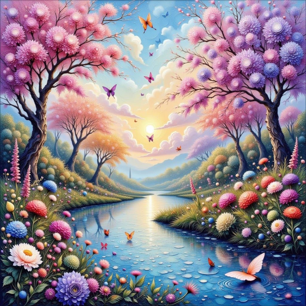 Surreal Whimsical Landscape with River and Jewel Tones