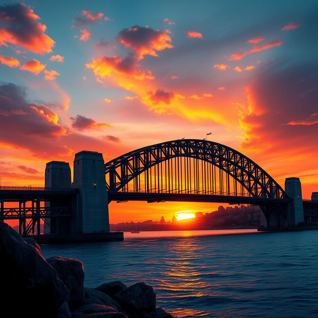 Sydney Harbour Bridge at Sunset: Hyperrealistic Splash Art