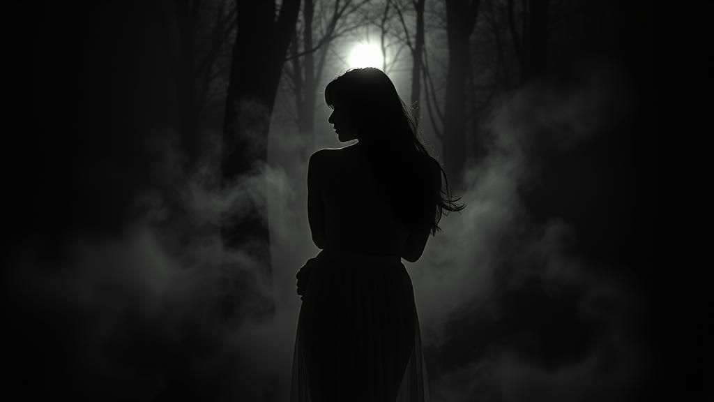 Ethereal Woman Silhouette in Misty Moonlit Forest