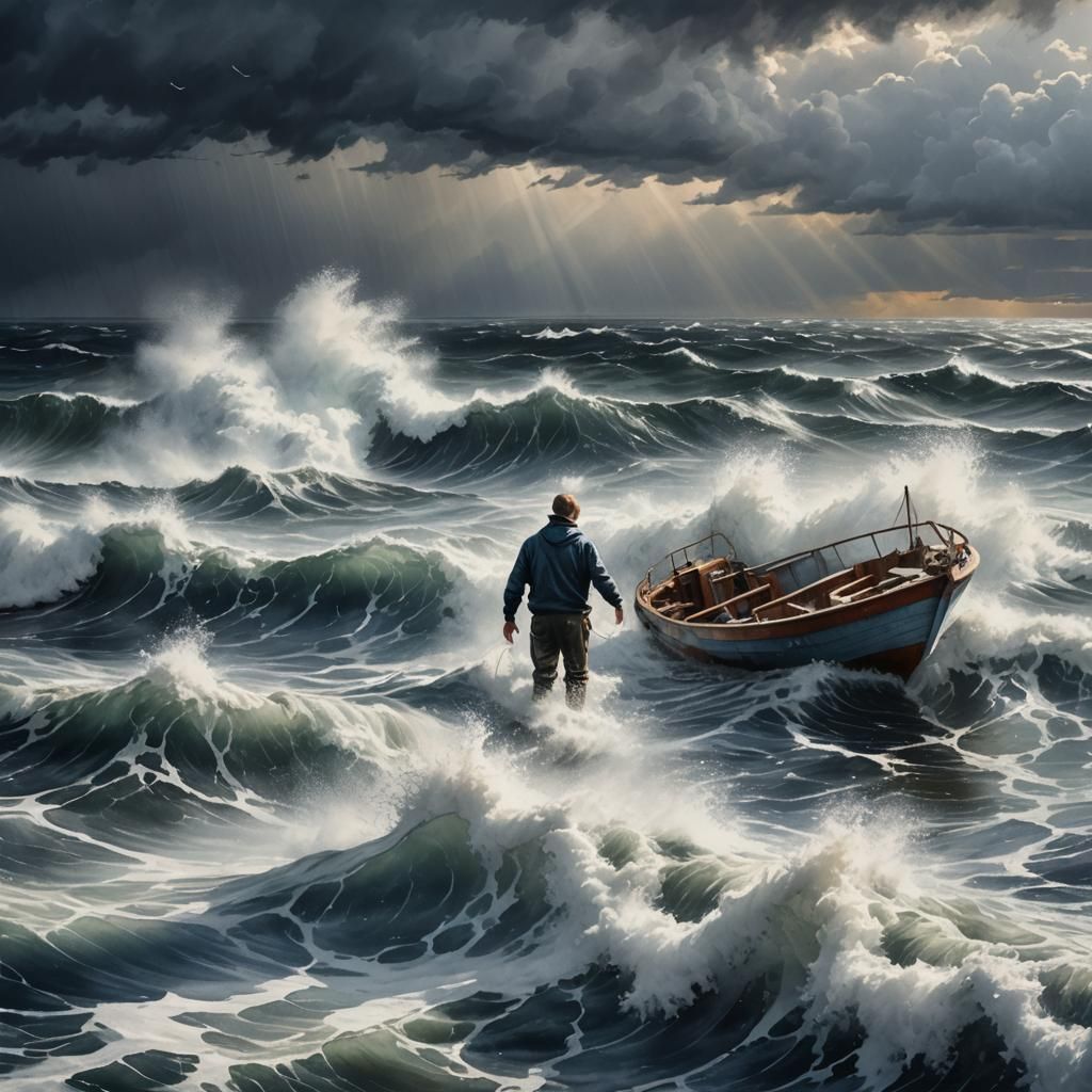 Man Adrift: Dramatic Maritime Scene in Watercolor