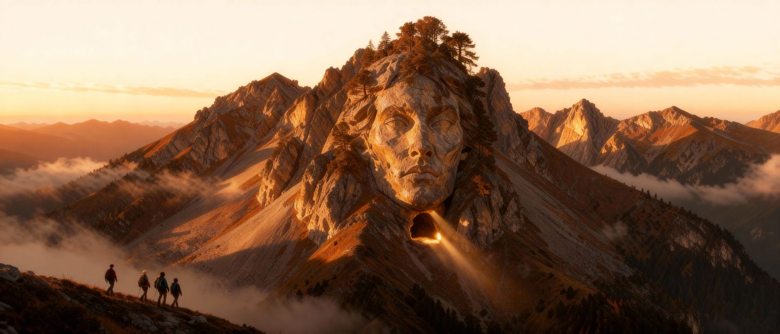 Mountain Landscape Illusion at Dawn with Hidden Face