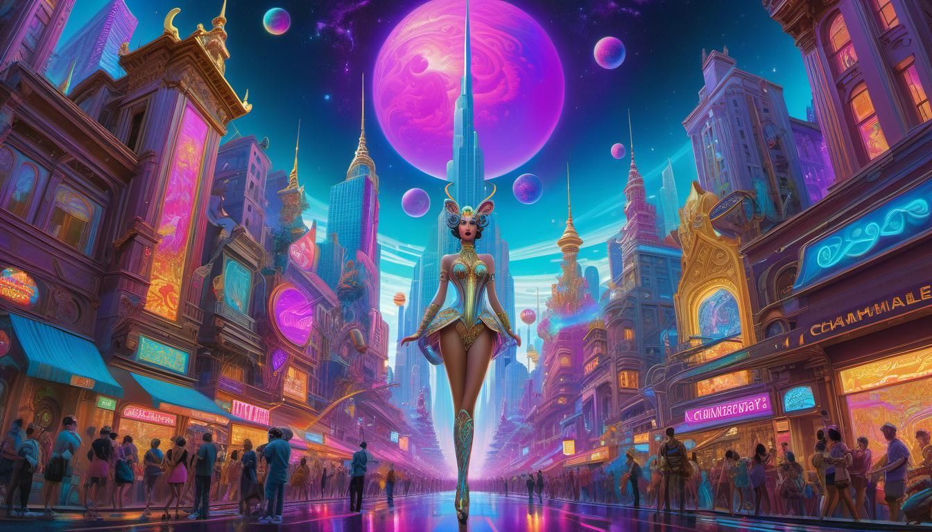 Psychedelic Surreal City Street with Floating Chameleon