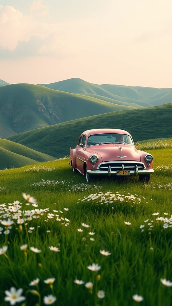 Dreamy Pink Vintage Car in Lush Grassland Landscape