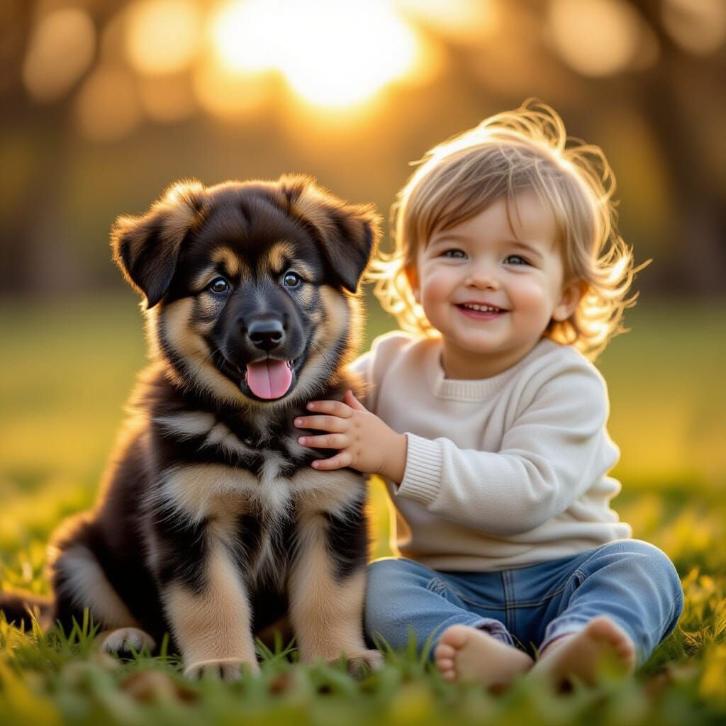 Heartwarming German Shepherd Puppy with Happy Child in Park