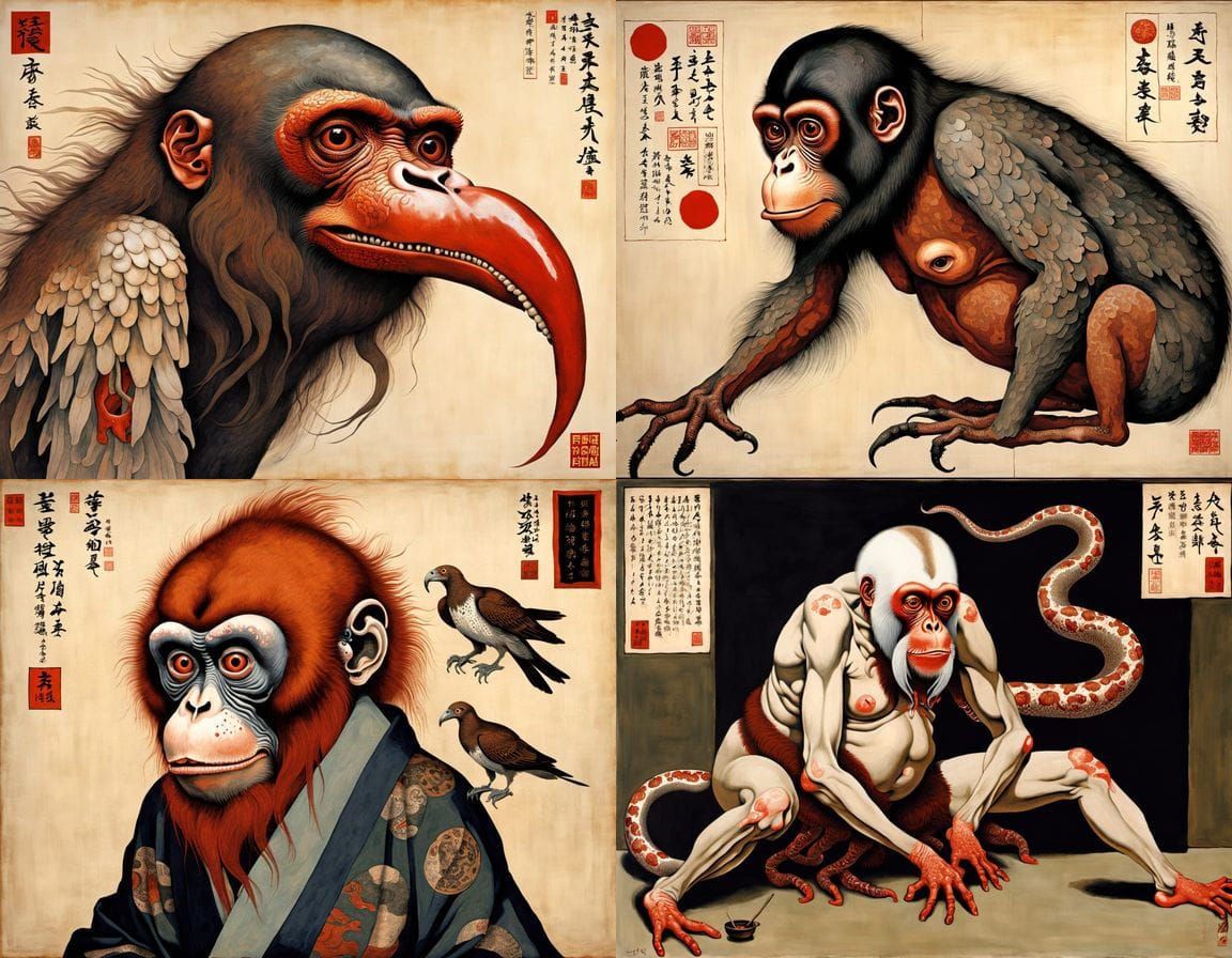 Surreal Nightmare of Mythical Creatures in Ukiyo-e Style