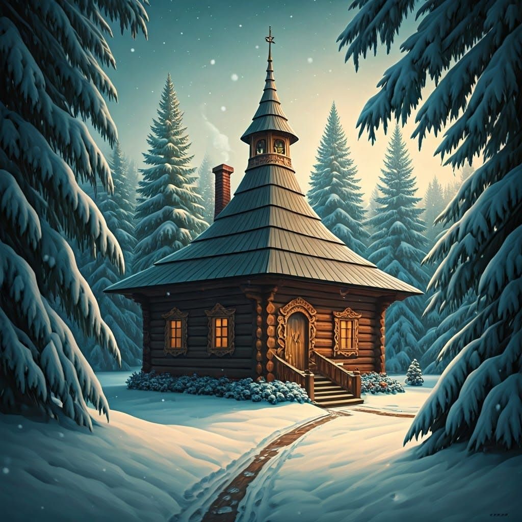 Snowy Witch's Hut in Baroque Folk Art Style