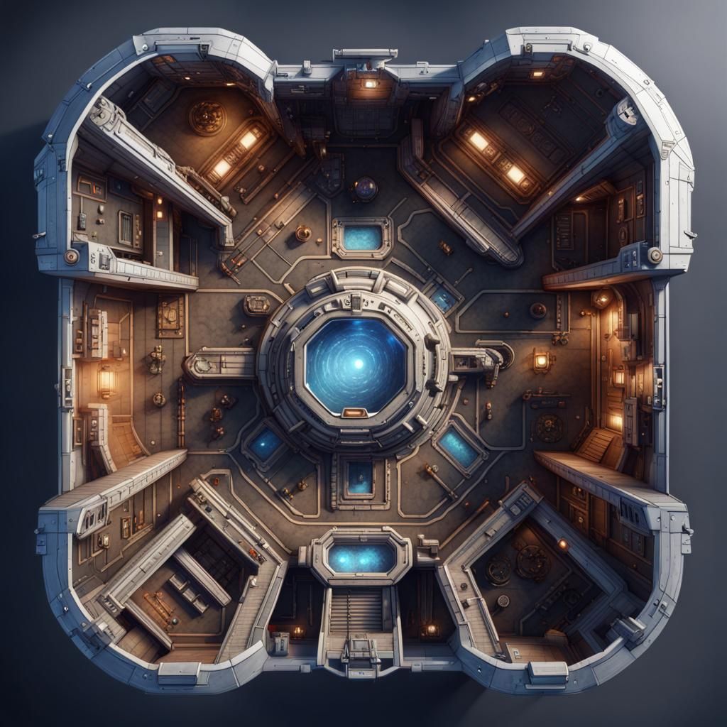 Spaceship Interior Overhead Map for DnD in Detailed Matte Pa...