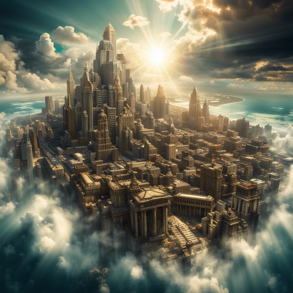 Hyperrealistic Atlantis Floating in Sky With Clouds
