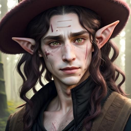 Detailed Portrait: Scarred Elf Man in Forest