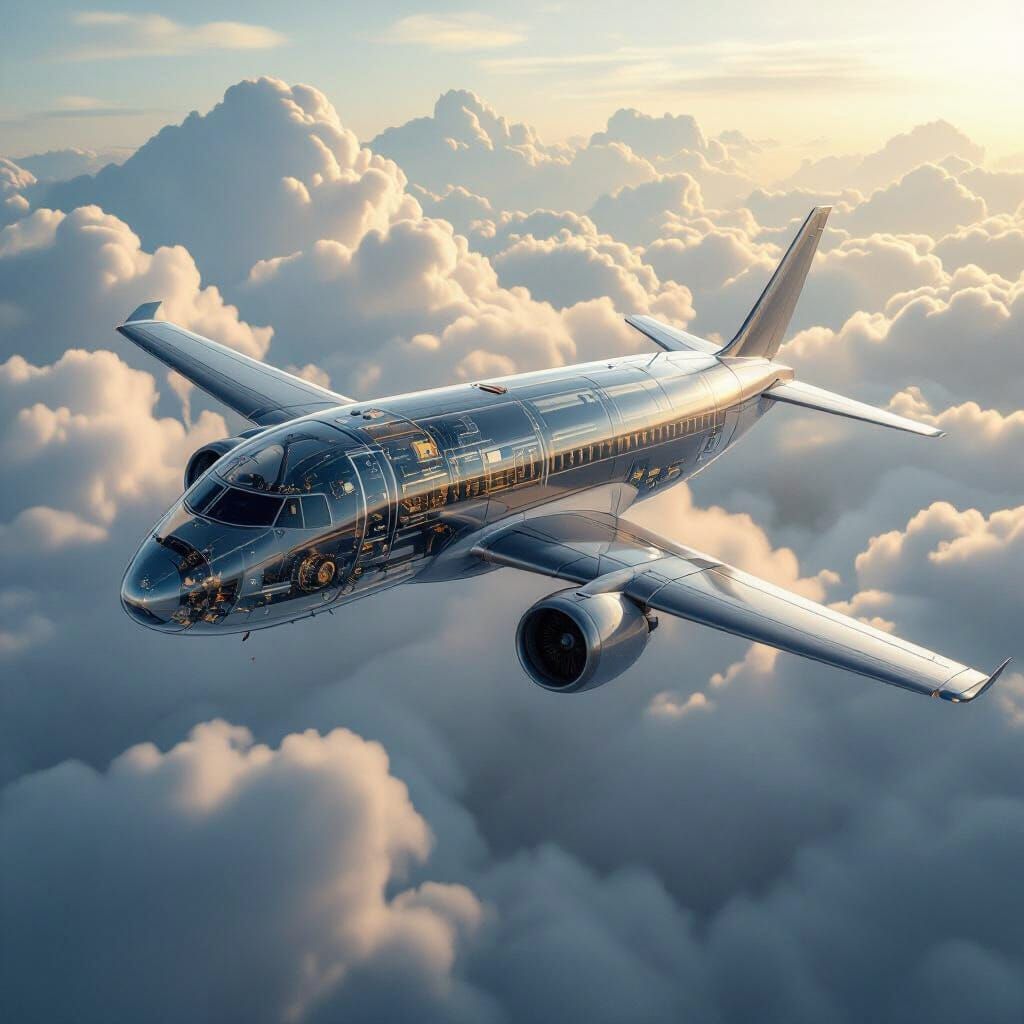 Transparent Airplane Soaring Through Clouds in Digital Matte...