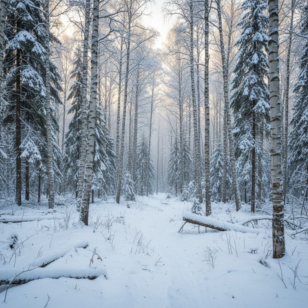 Snowy Pine and Birch Forest Landscape