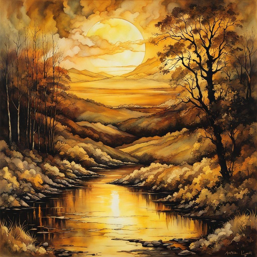 Nostalgic Golden Evening in Alcohol Ink Style