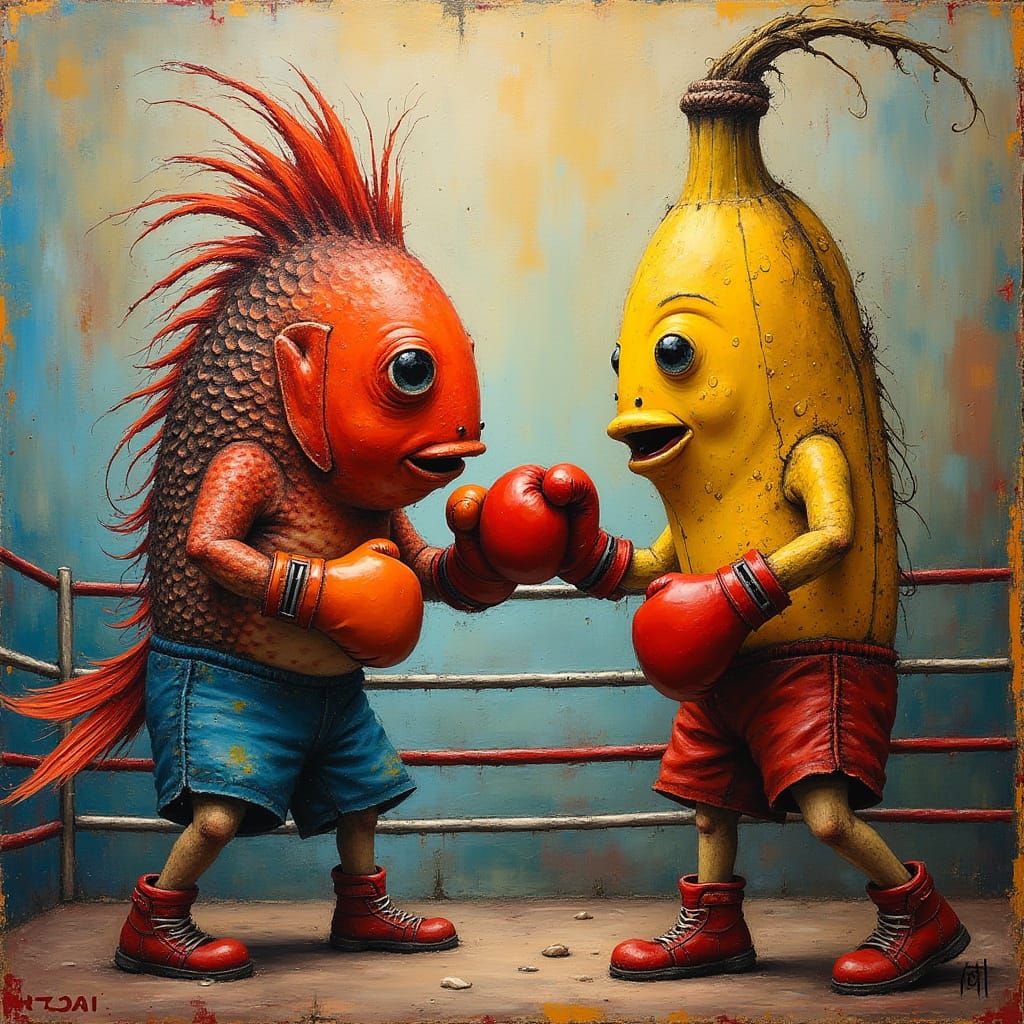 Impasto Painting of Boxing Fish and Banana