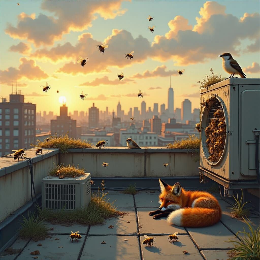 Urban Rooftop Wildlife in Golden Hour Light
