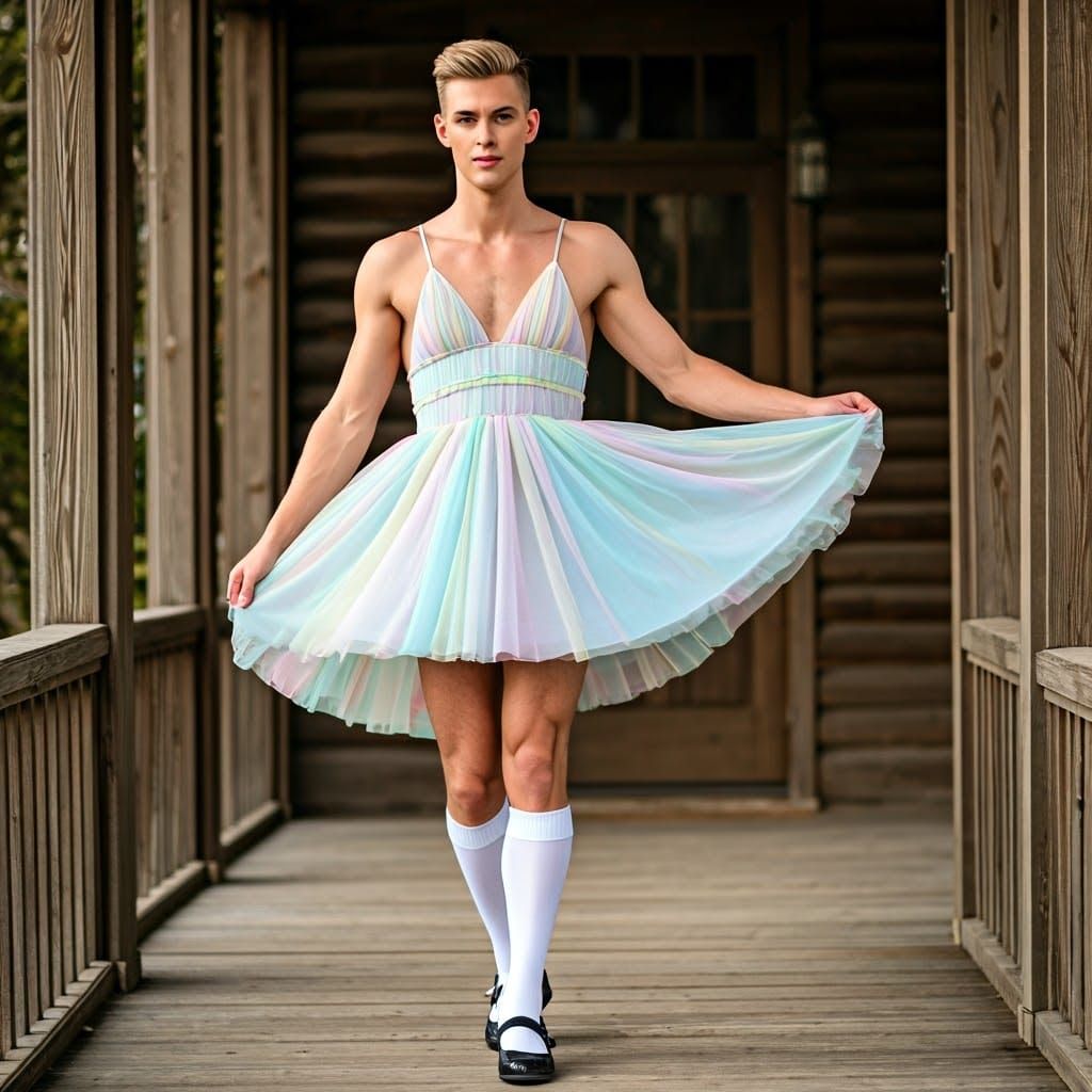Chiseled Young Man in Vibrant Pastel Dress on Rustic Porch