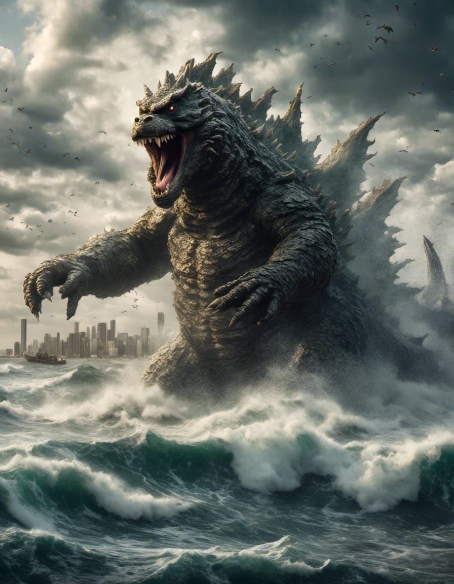 Godzilla comes out of ocean and creates tsunami <lora:World ...