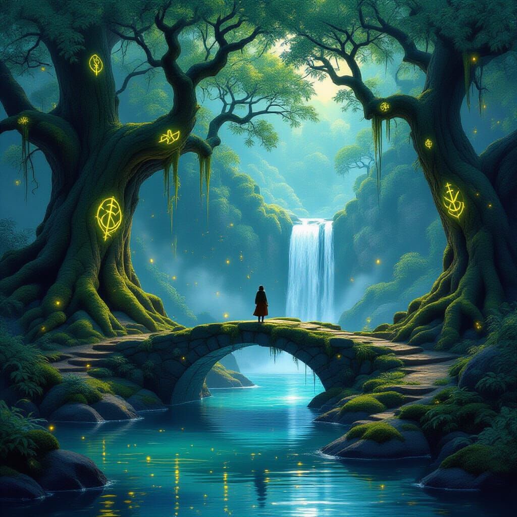 Fantasy Traveler on Mossy Bridge to Glowing Waterfall