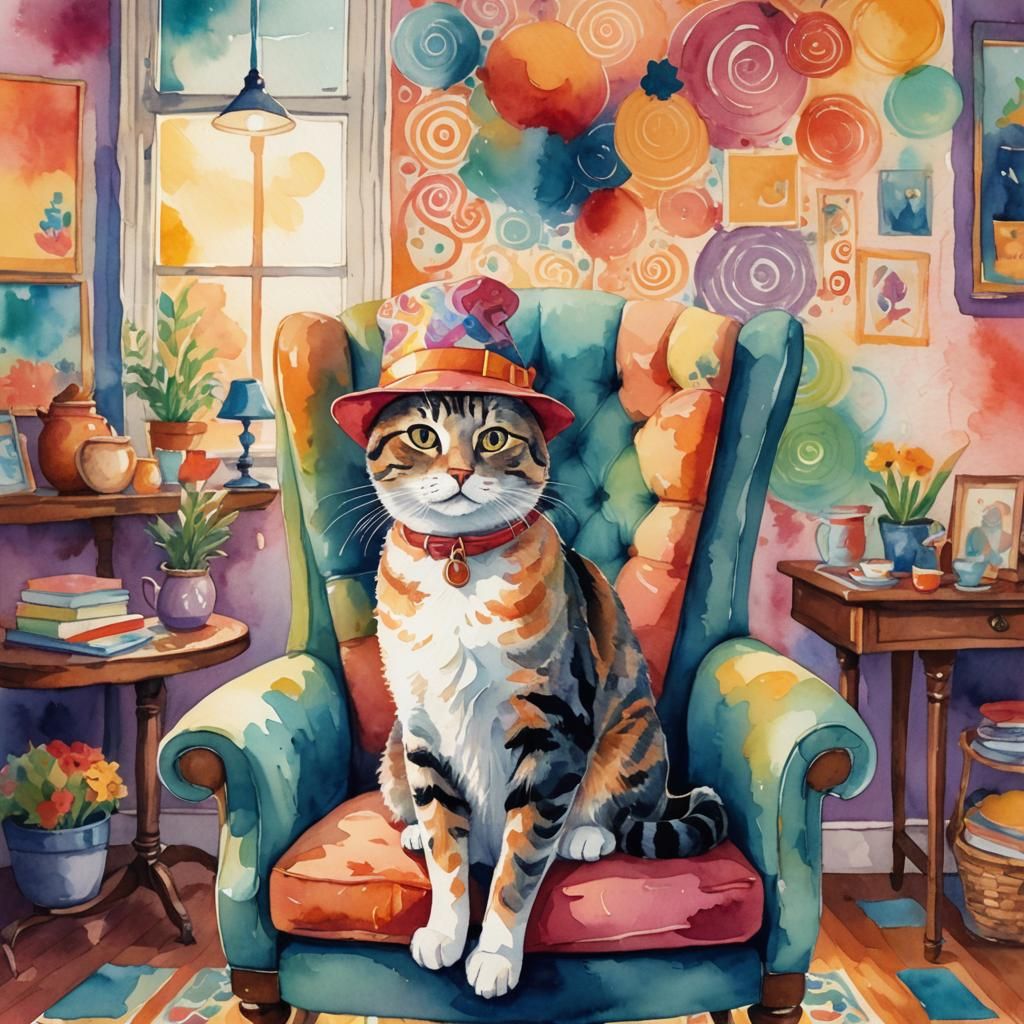 Cat in a Hat: Whimsical Watercolor Illustration