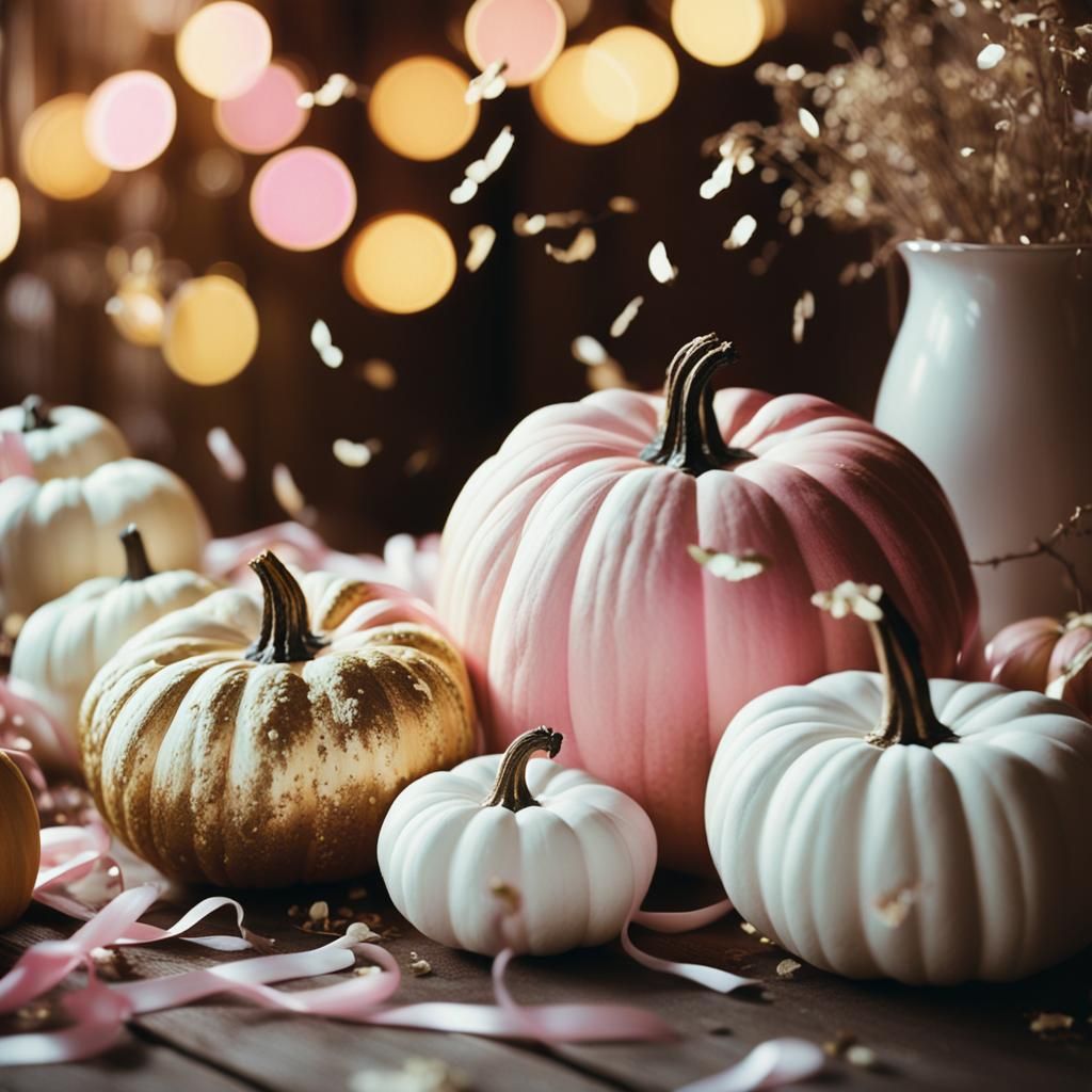 Cinematic Still of Pink and White Pumpkins