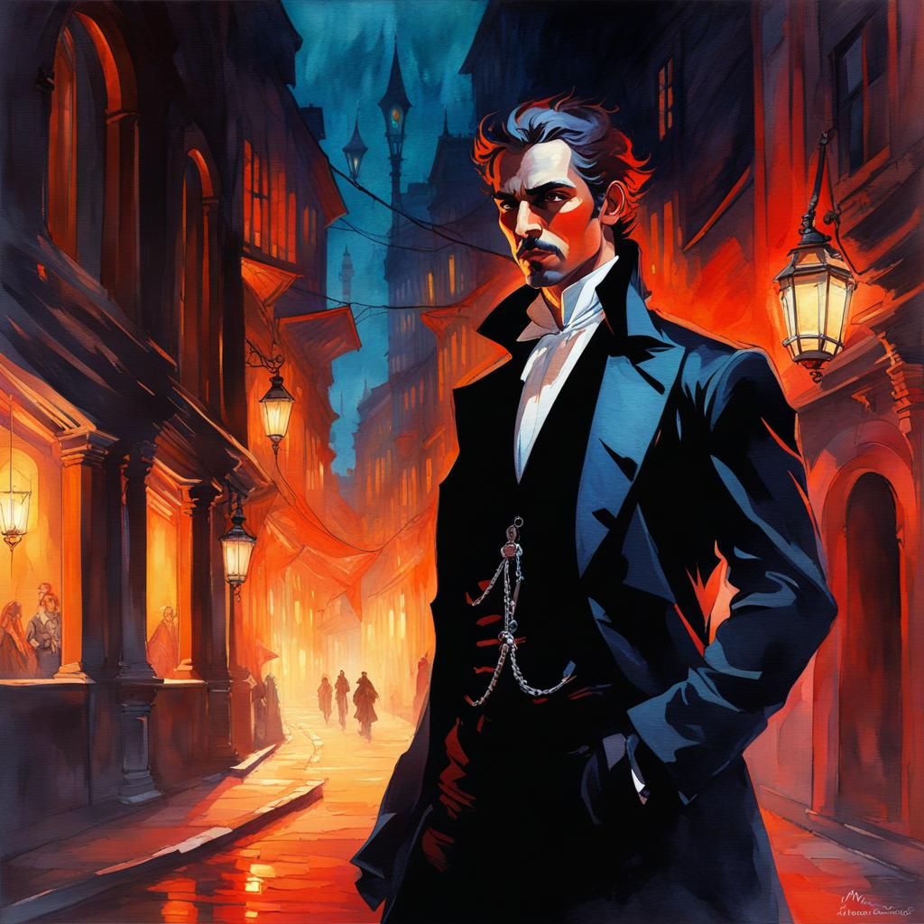 Elegant Vampire in Alley, Gouache and Watercolor Style