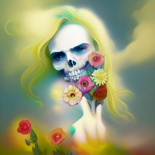 Wavy Transparent Hair and Skull in Watercolor Style