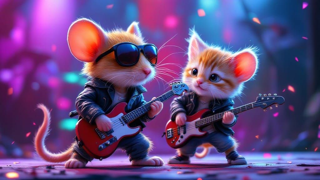 Mouse and Kitten Hard-Rock Band in Neon Concert