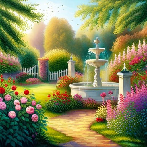 Lush Garden Scene with Fountain in Sunlight