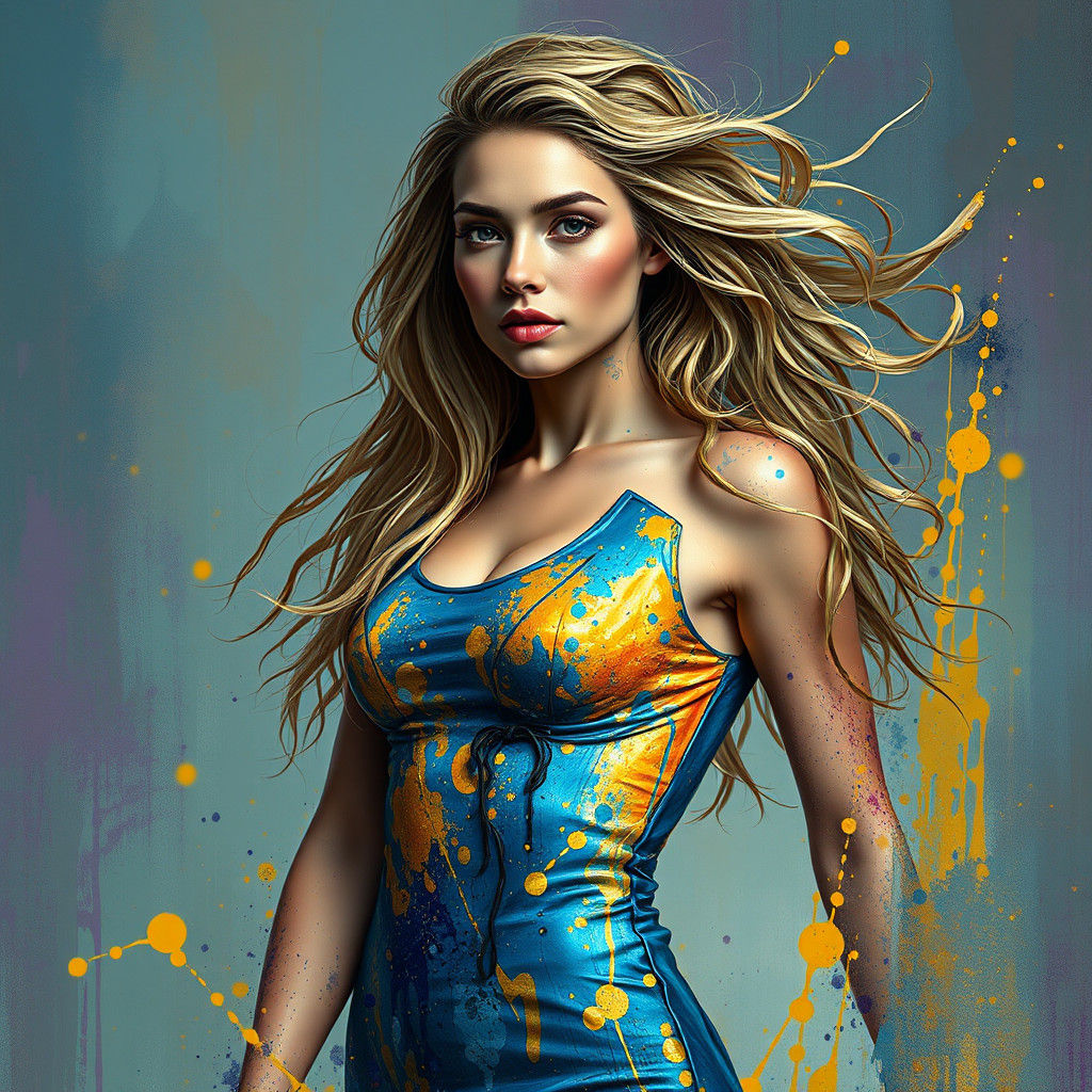 Abstract Paint Dress on Athletic Woman: Hyperrealistic Art
