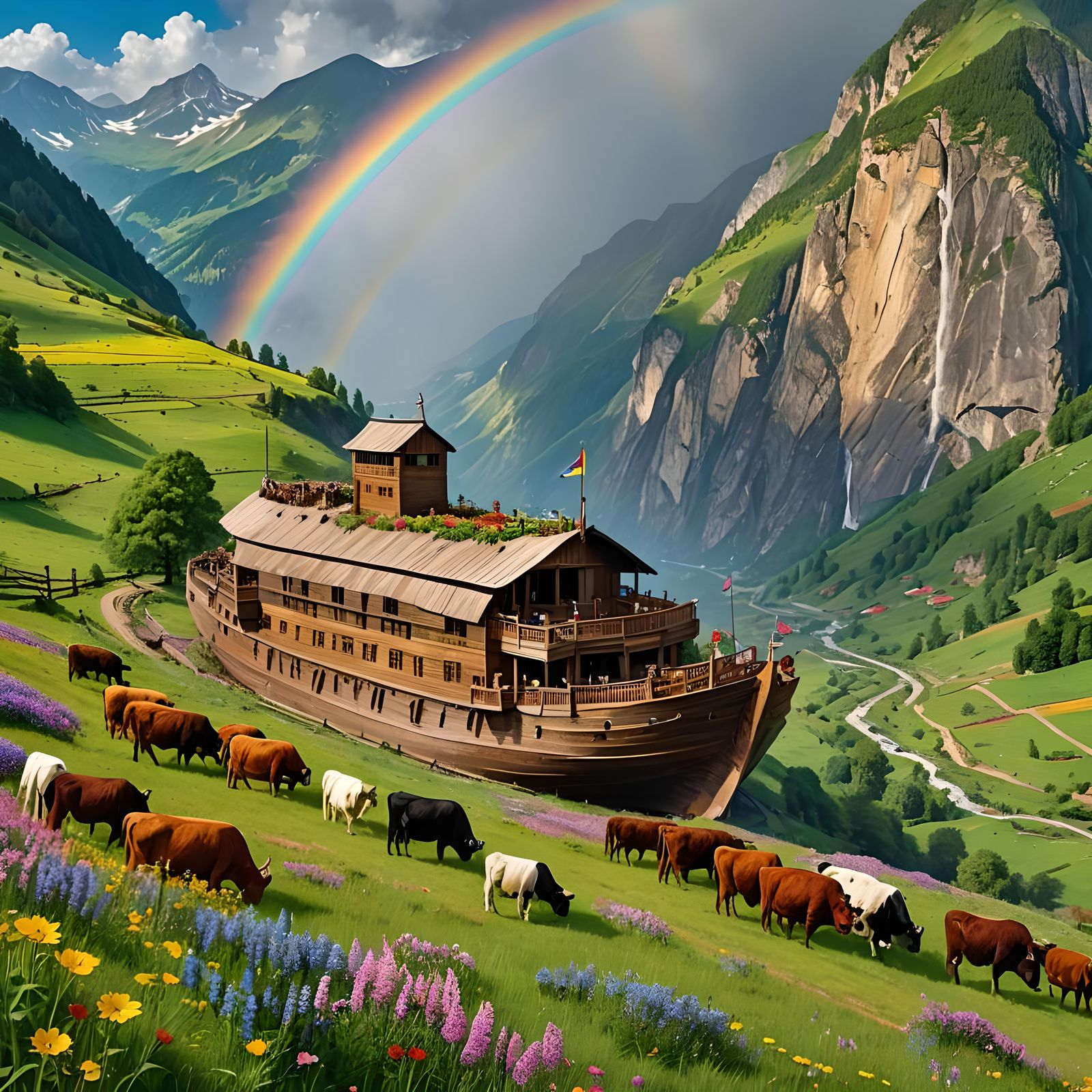 † Noah's ark resting on the mountains and Gods sign, the rai...