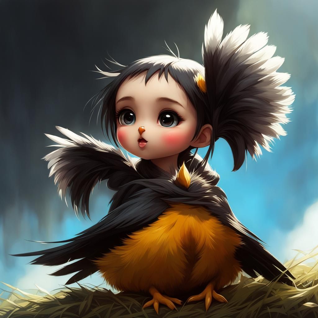Chibi Chick with Big Eyes in Farmyard Setting