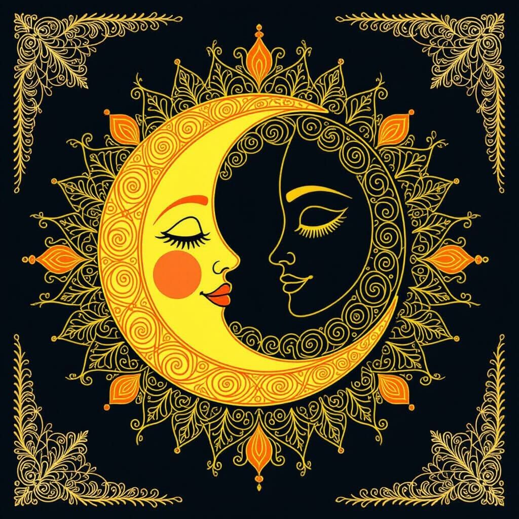 Filigree Sun and Moon Embrace in Line Drawing Style