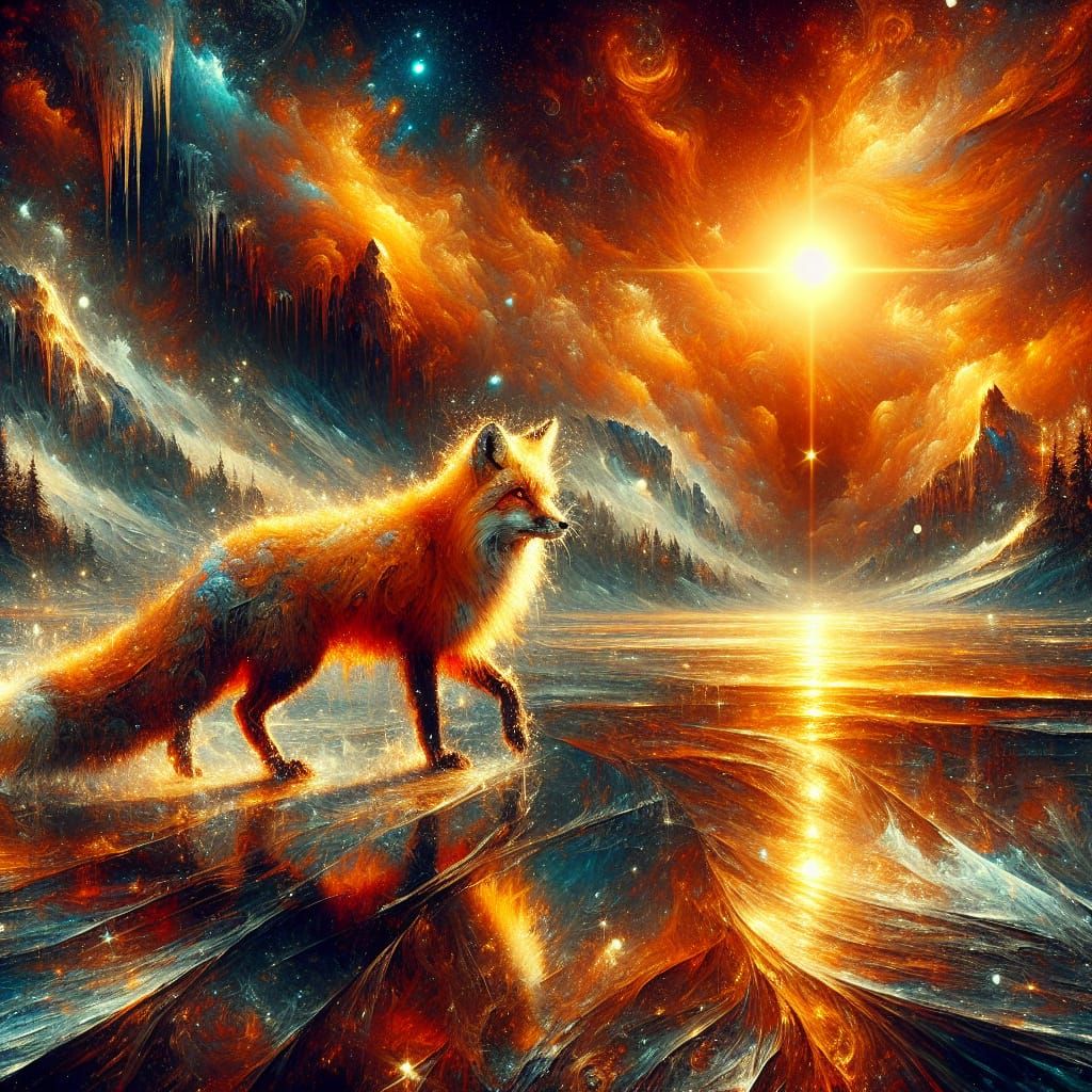 Winter Fox on Frozen Lake: Detailed Matte Painting