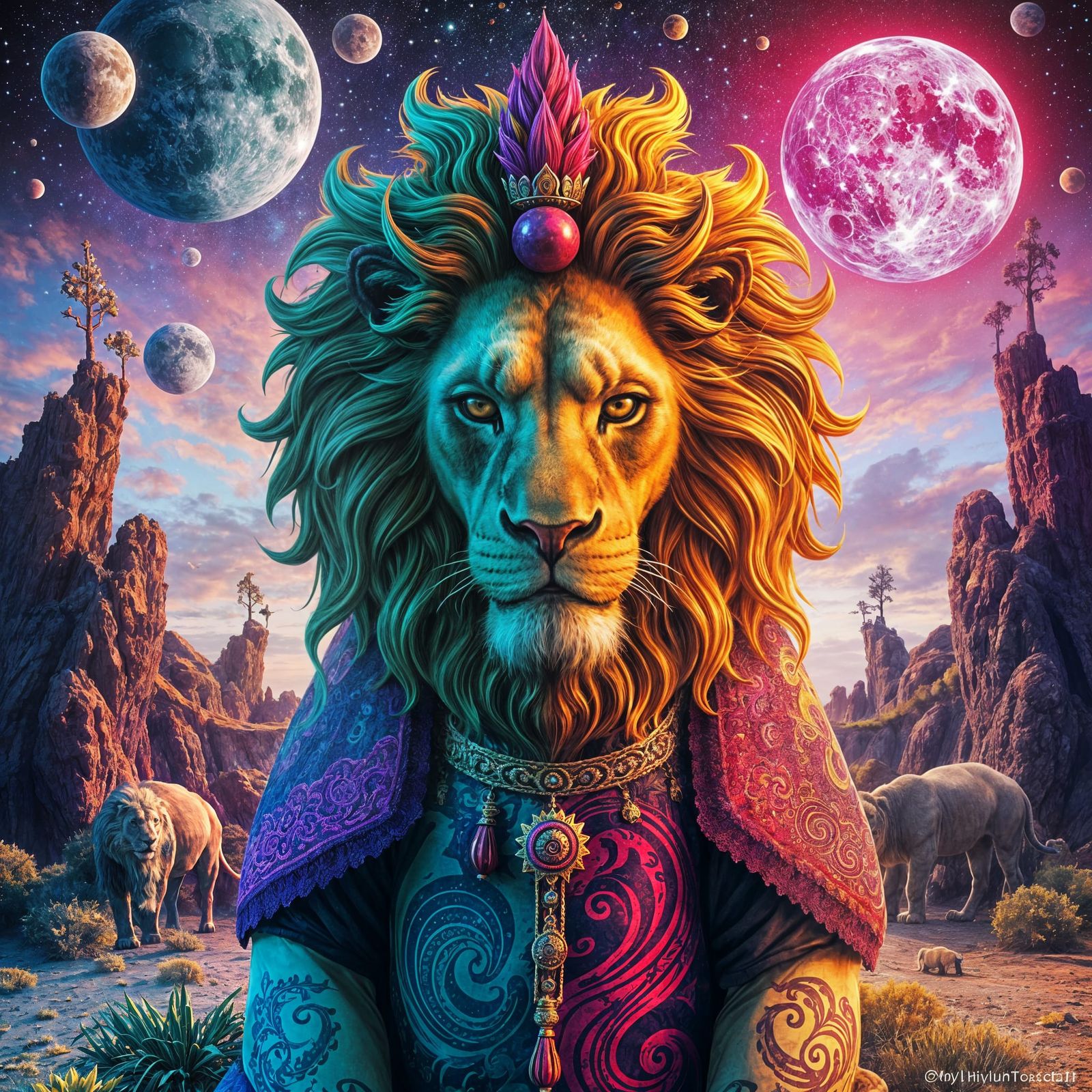 Psychedelic Lion in Hallucinatory Dreamscape