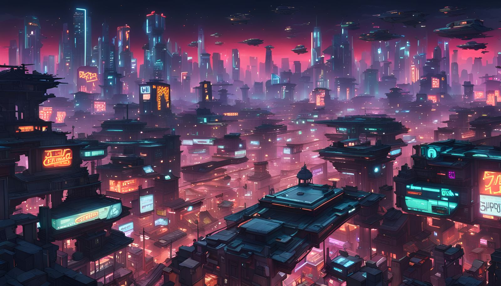 Cyberpunk Cityscape with Flying Cars at Night