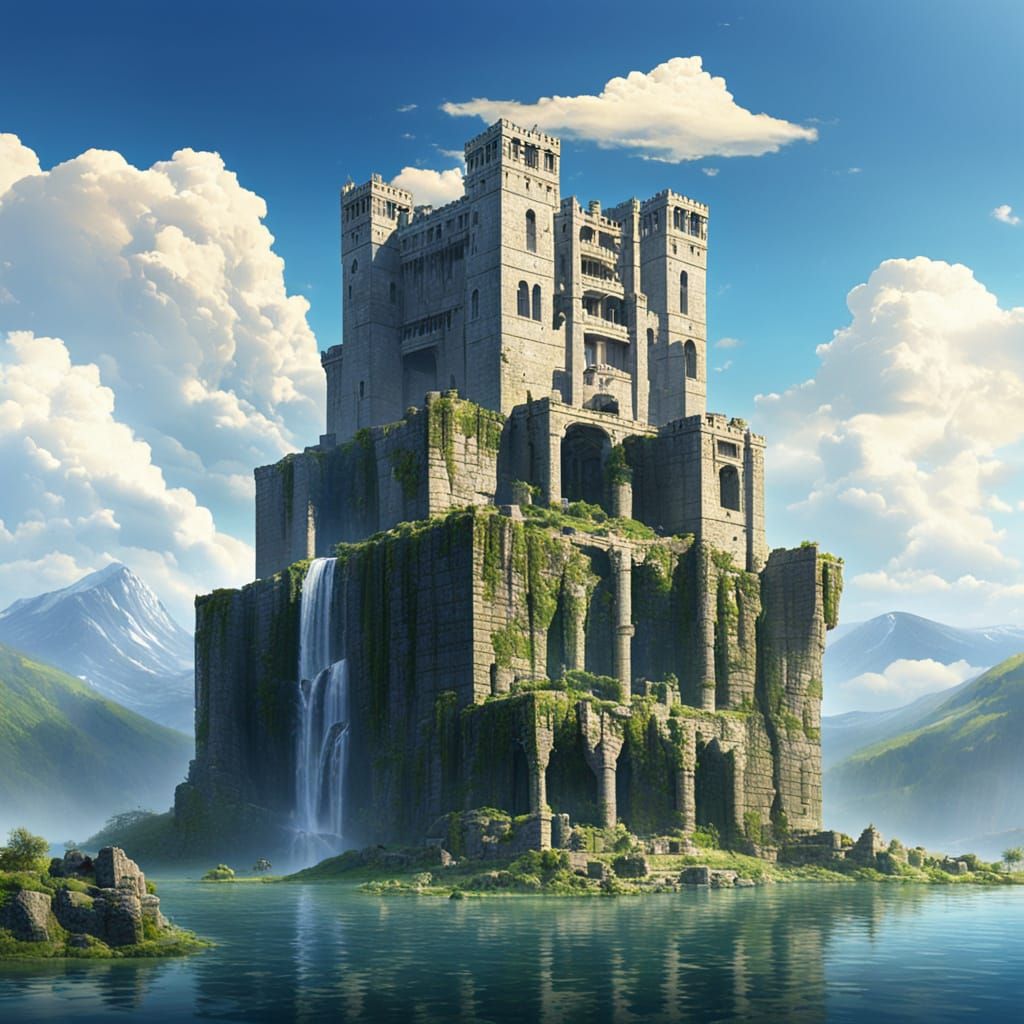 Ethereal Castle Amidst Celestial Waterfalls