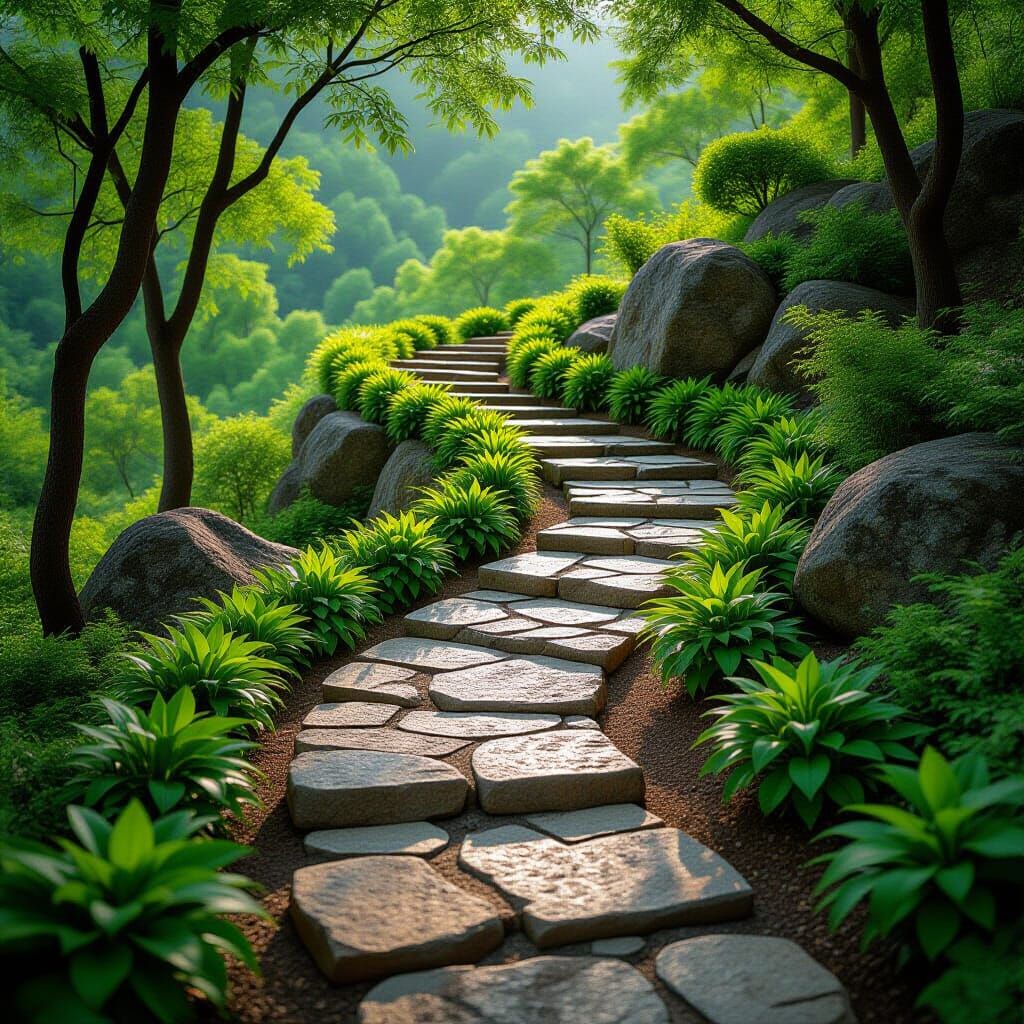 Surreal Stone Path Spiraling Skyward with Lush Greenery