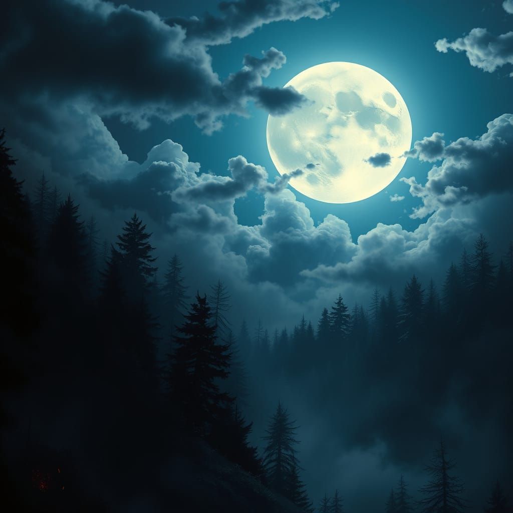A full moon rises, silver and serene,
Piercing the clouds of night’s obsidian veil,
Its light a whisper on the forest’s ...