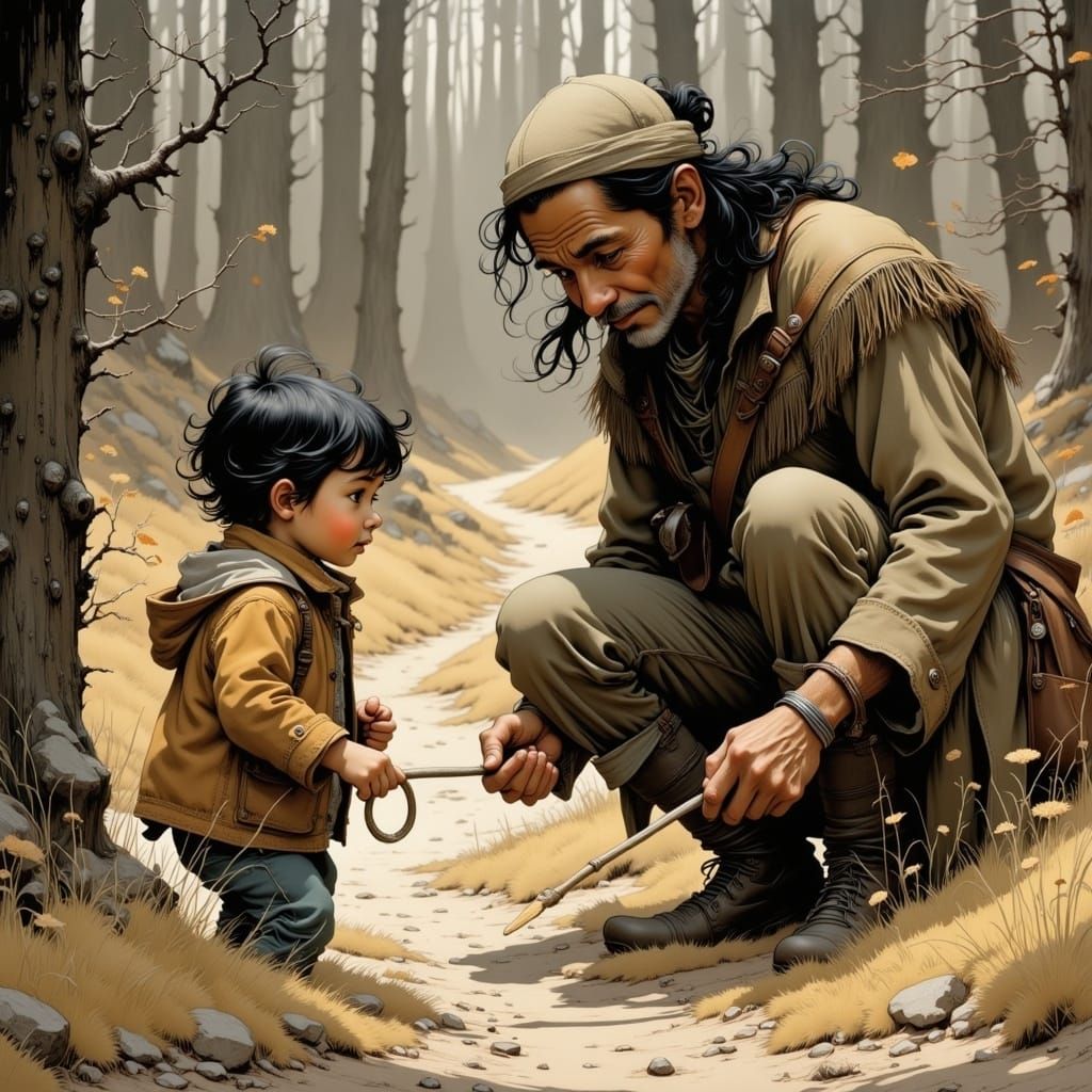 Native American Elder Teaching Grandchildren Animal Tracking