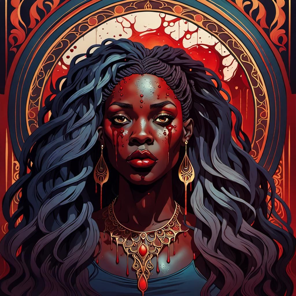 Art Nouveau Vampire Woman with Dripping Blood