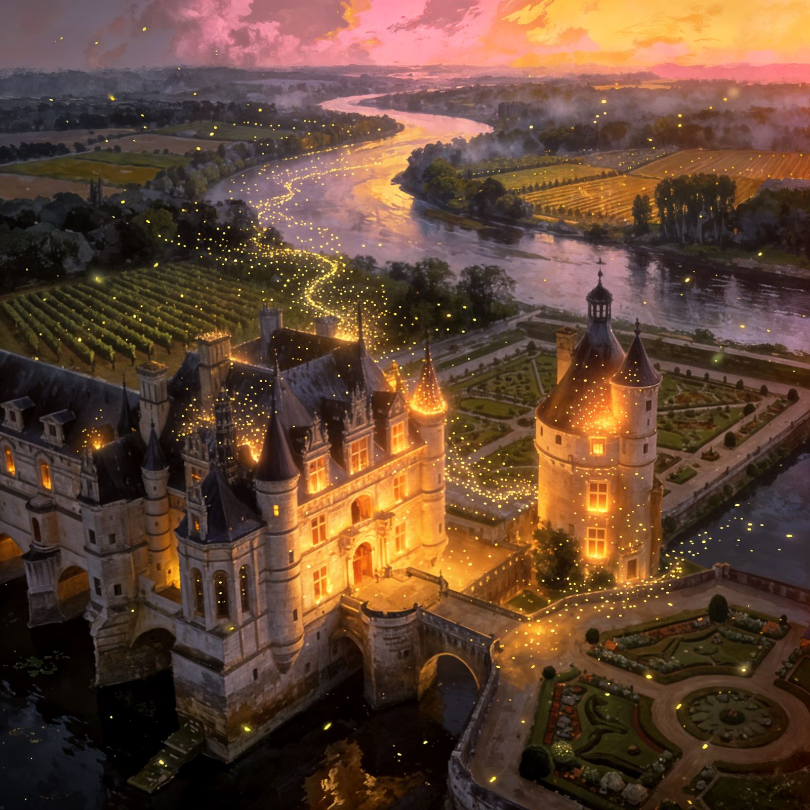 Golden Hour Aerial View of Azay-le-Rideau Castle with Firefl...
