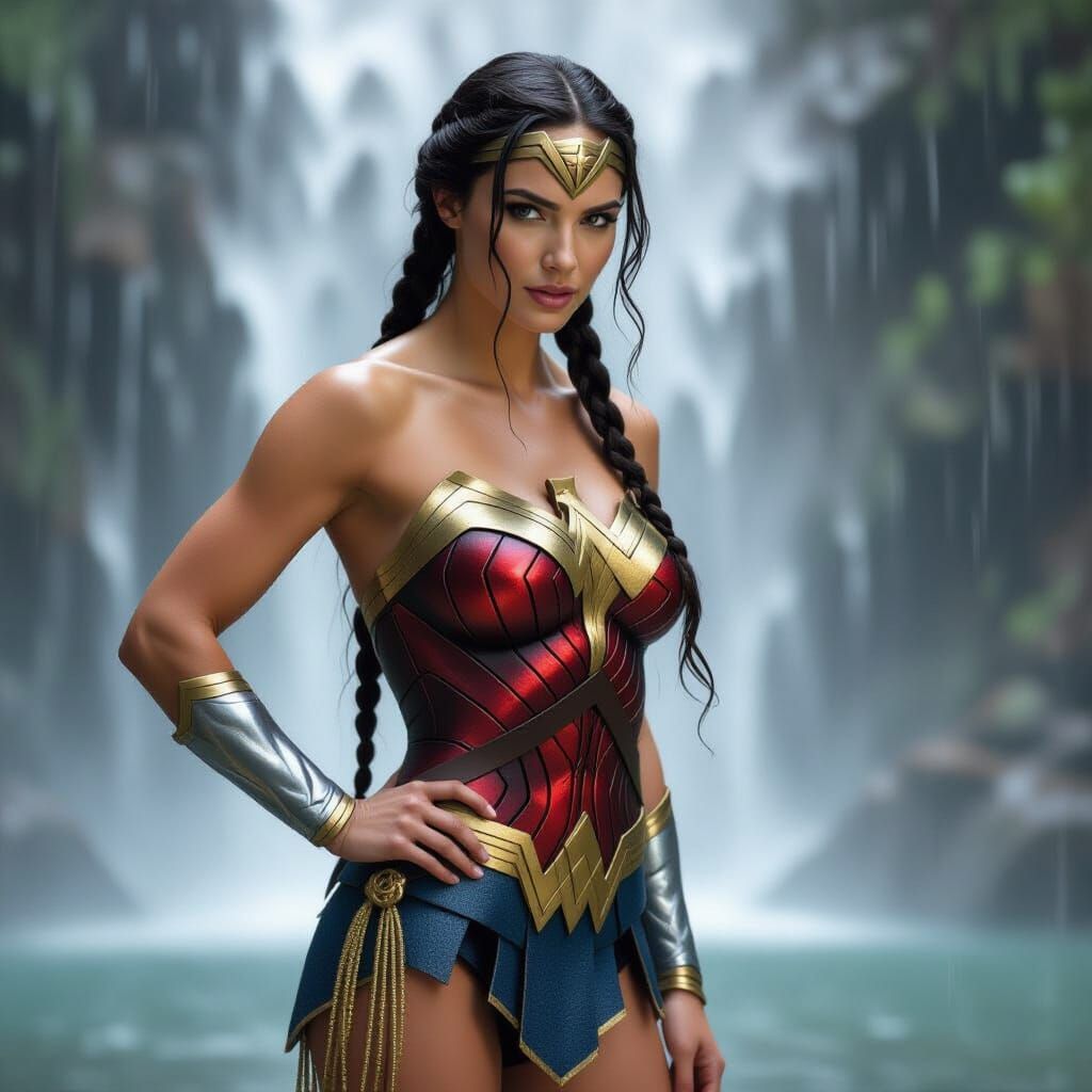 Wonder Woman Showering Under a Waterfall