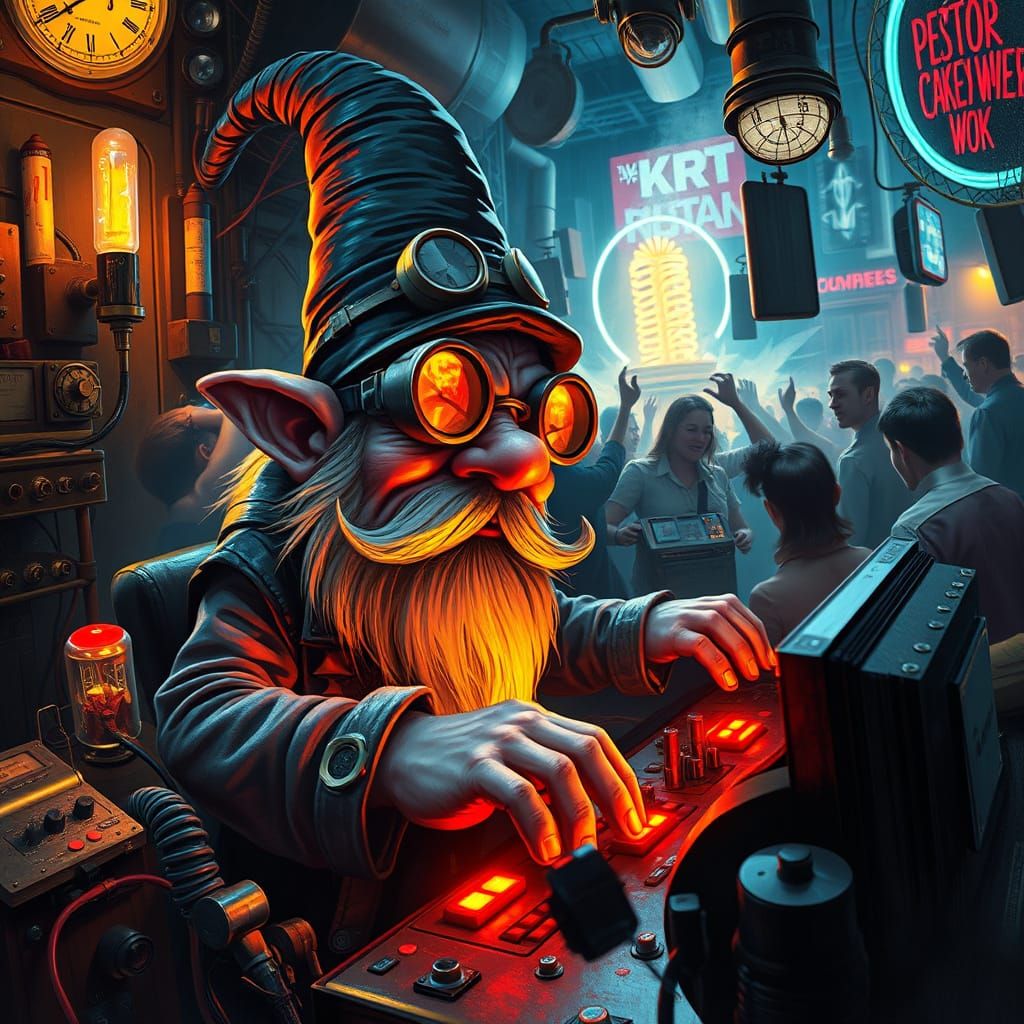 Steampunk Gnome DJ in Neon-Lit Booth