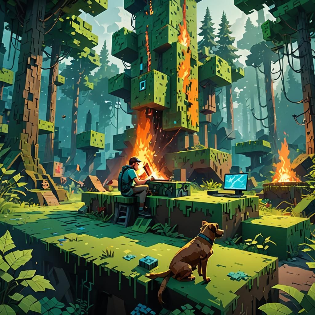 Minecraft Gamer in Mystical Forest, Digital Painting