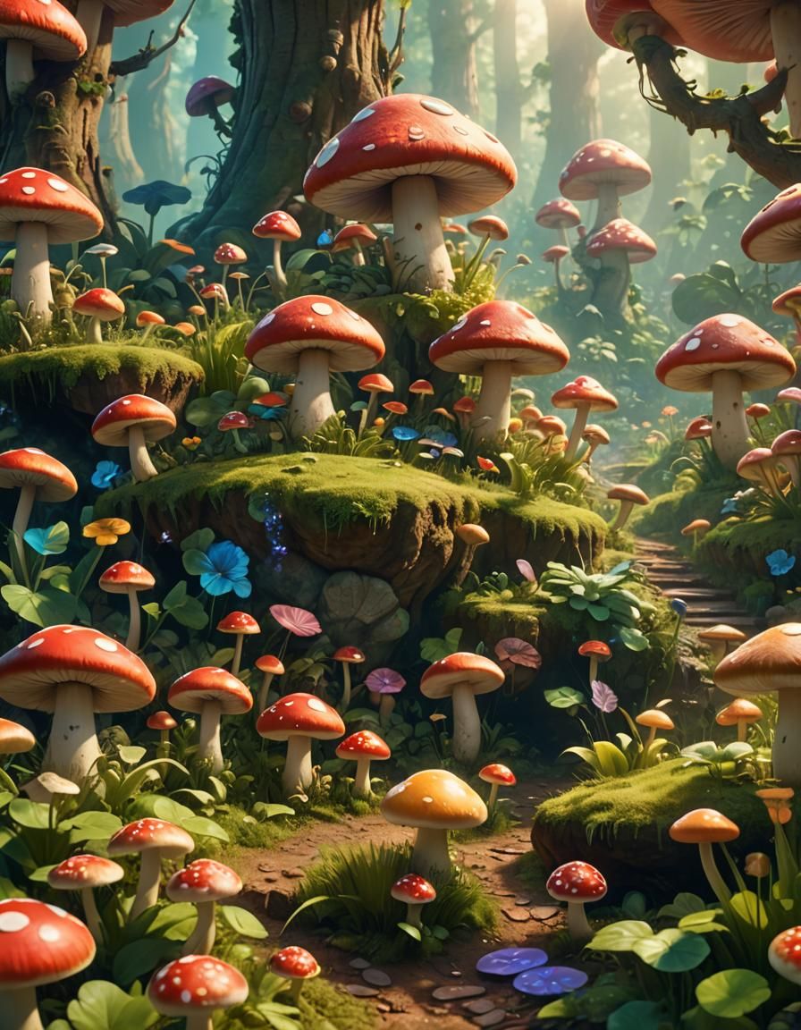 Vibrant Mushroom Kingdom Landscape in Whimsical 8K Digital A...