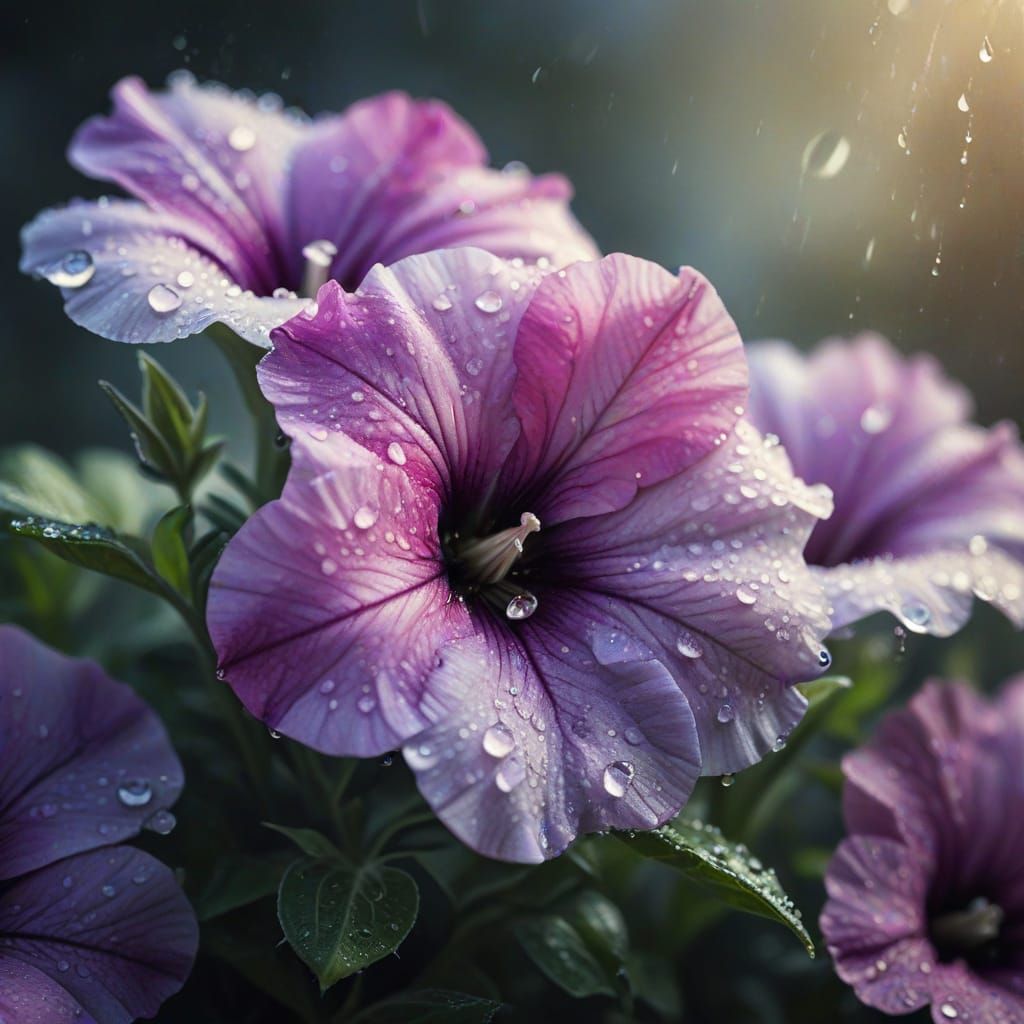 Dew-Kissed Petunias: A Macro Photograph in Pastel Colors
