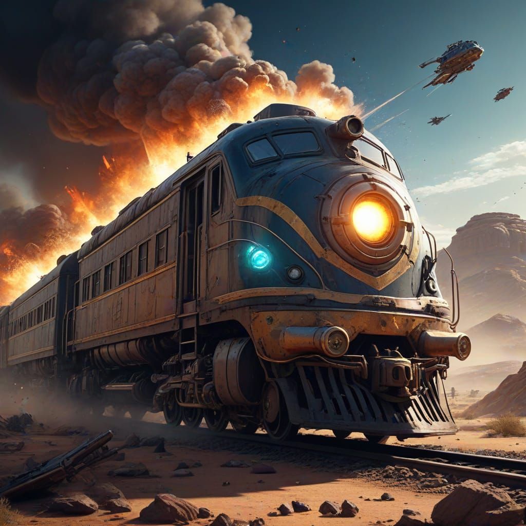 Wild West Train Robbery by Aliens in Dramatic Concept Art