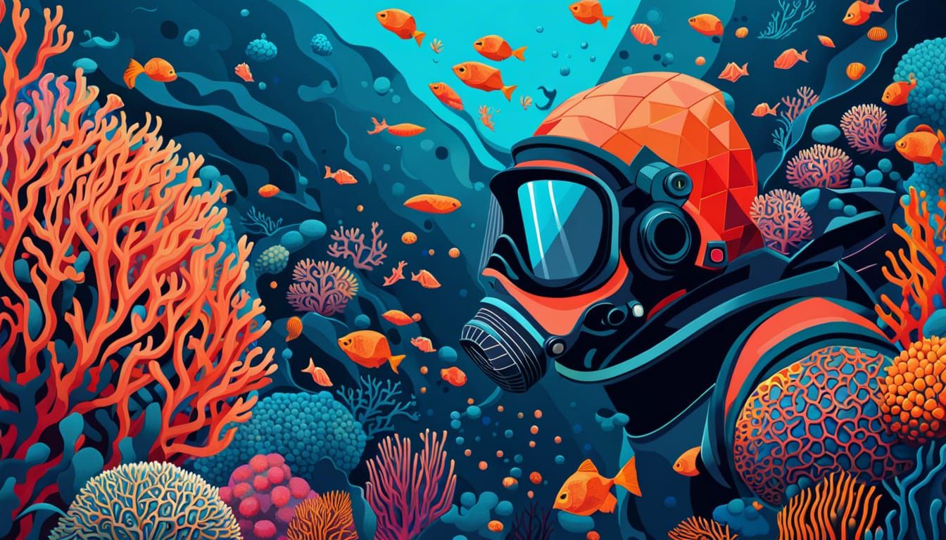 Scuba Diver in Cubist Style Underwater Scene