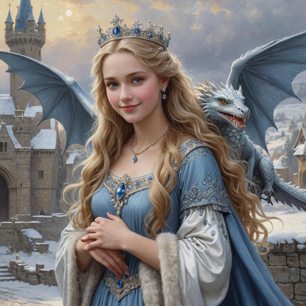 Snow Queen with Dragon Companion in Pre-Raphaelite Style