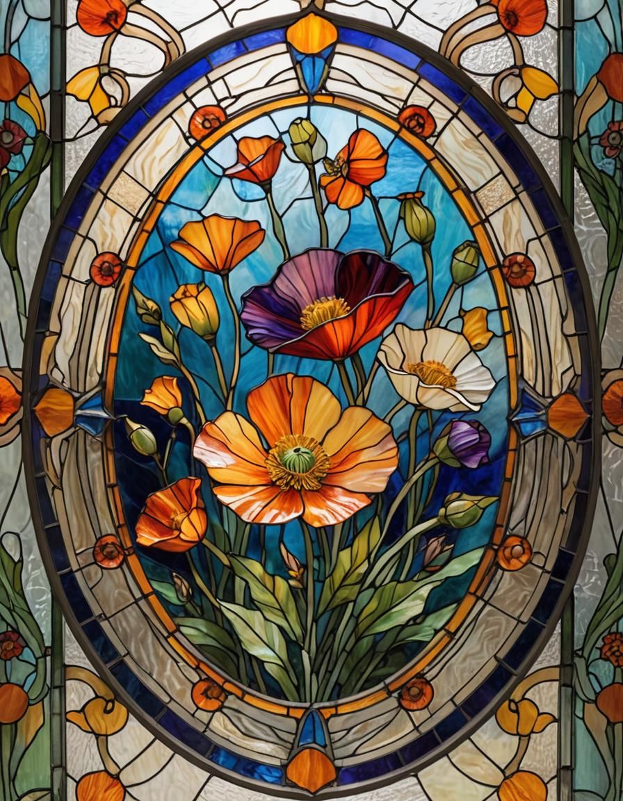 Orange Poppy Stained Glass in Art Nouveau Style