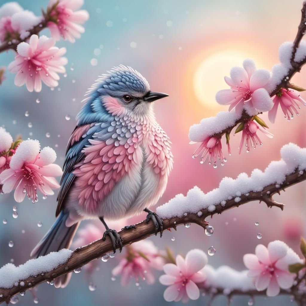 bird on a branch with pink flowers and snow